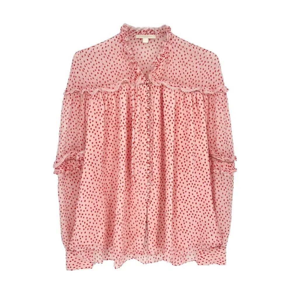 Jonathan‎ Simkhai Silk Ruffle Polka Dot Blouse Small Pink Red Dressy Valentine
